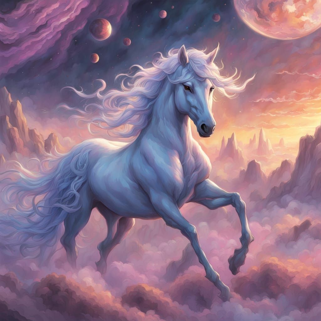 Ethereal Unicorn in Cosmic Landscape, Fantasy Art