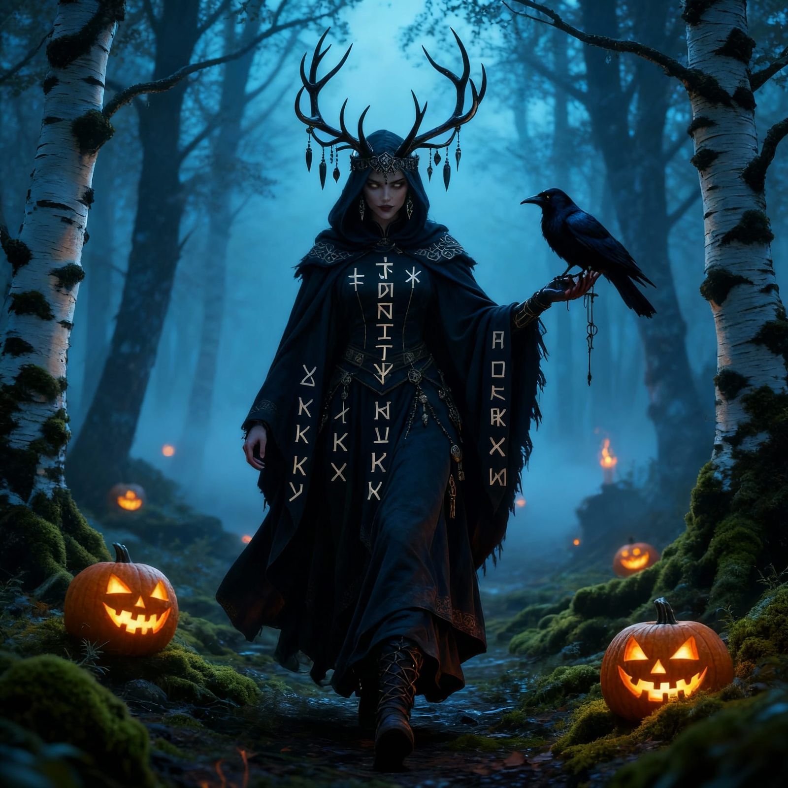Nordic Witch in Foggy Forest with Raven, Fantasy Art