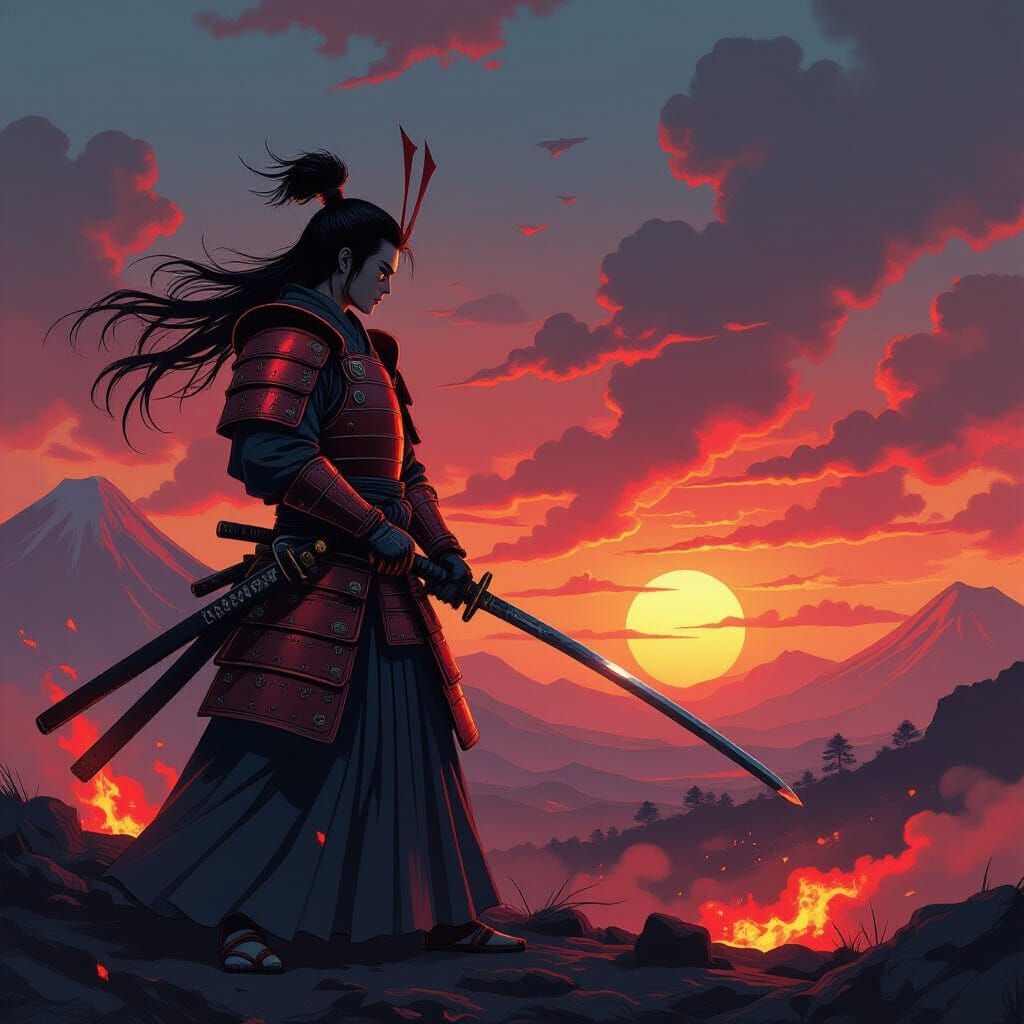 Samurai Warrior in Fiery Volcanic Landscape