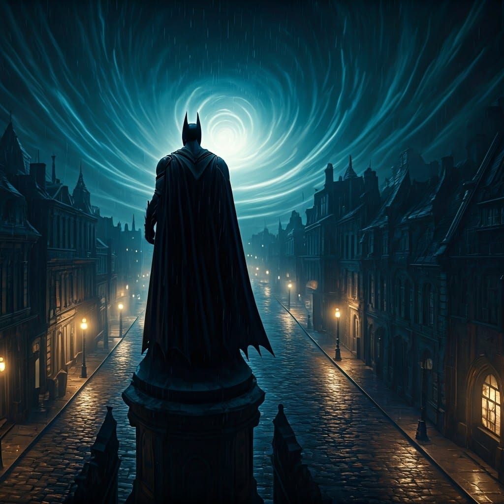 Dark Knight on Gothic Spire, Gotham Cityscape