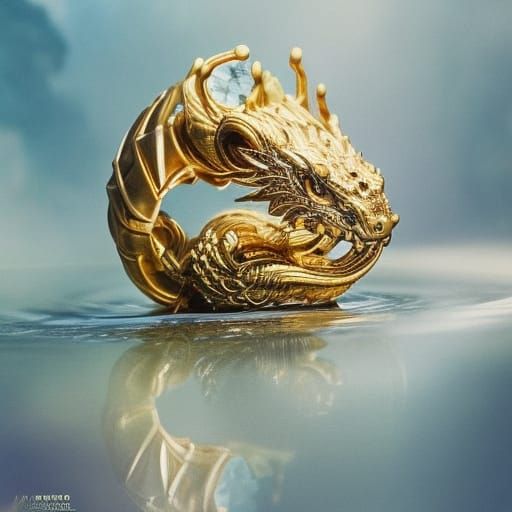 Hyperdetailed Gold Dragon Ring on Water