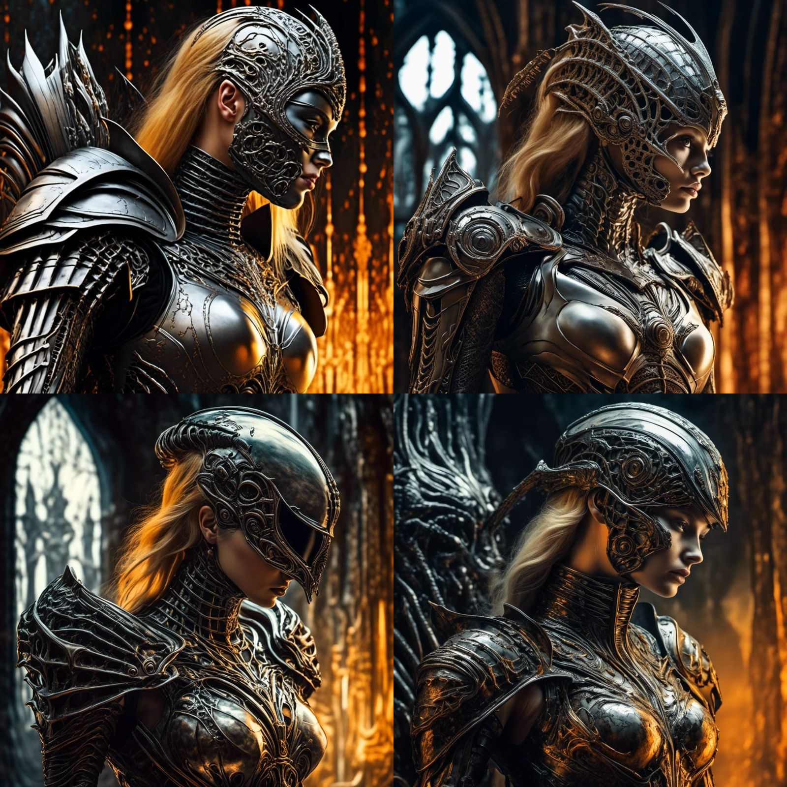 Gothic Knight and Blonde Lady in Intricate H.R. Giger-Inspir...