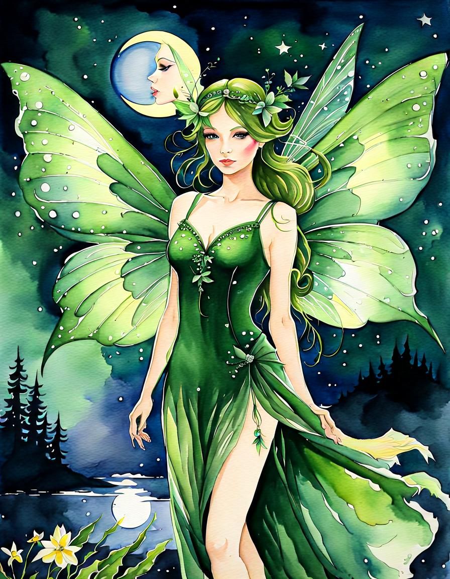 Green Fairy by Moonlight Watercolor Painting