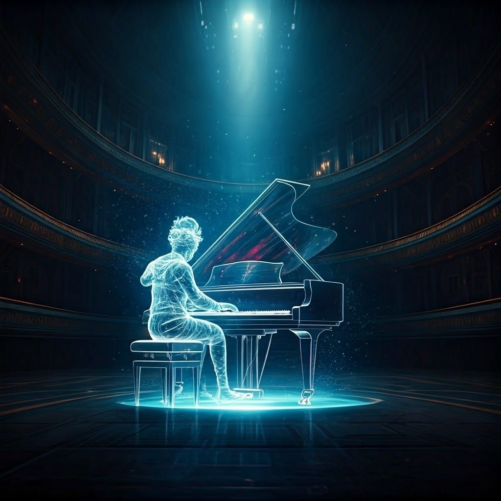 Surreal Futuristic Holographic Pianist in a Dark Concert Hal...