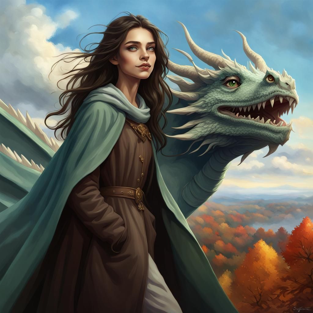 Girl on Blue Dragon in Dark Fantasy Style