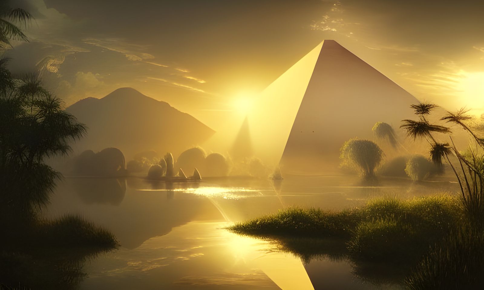 Hyperrealistic Pyramids and Bamboo in Astral Landscape