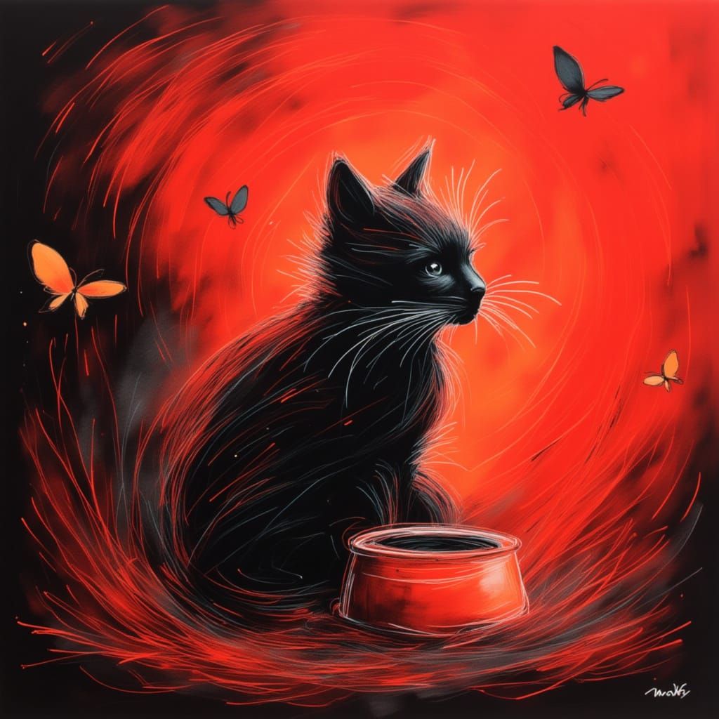 Chibi Cat in Dramatic Pose Amidst Crimson Tempest