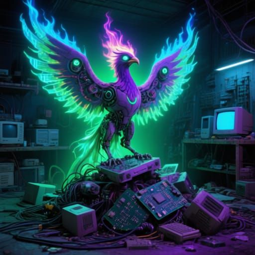 Phoenix Made of Computer Parts with Digital Flames