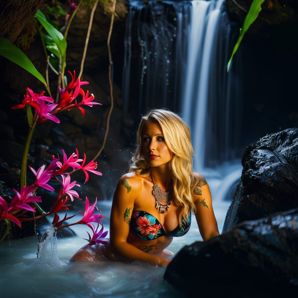 Hawaiian Woman Bathing Under Waterfall in Cyberpunk Style