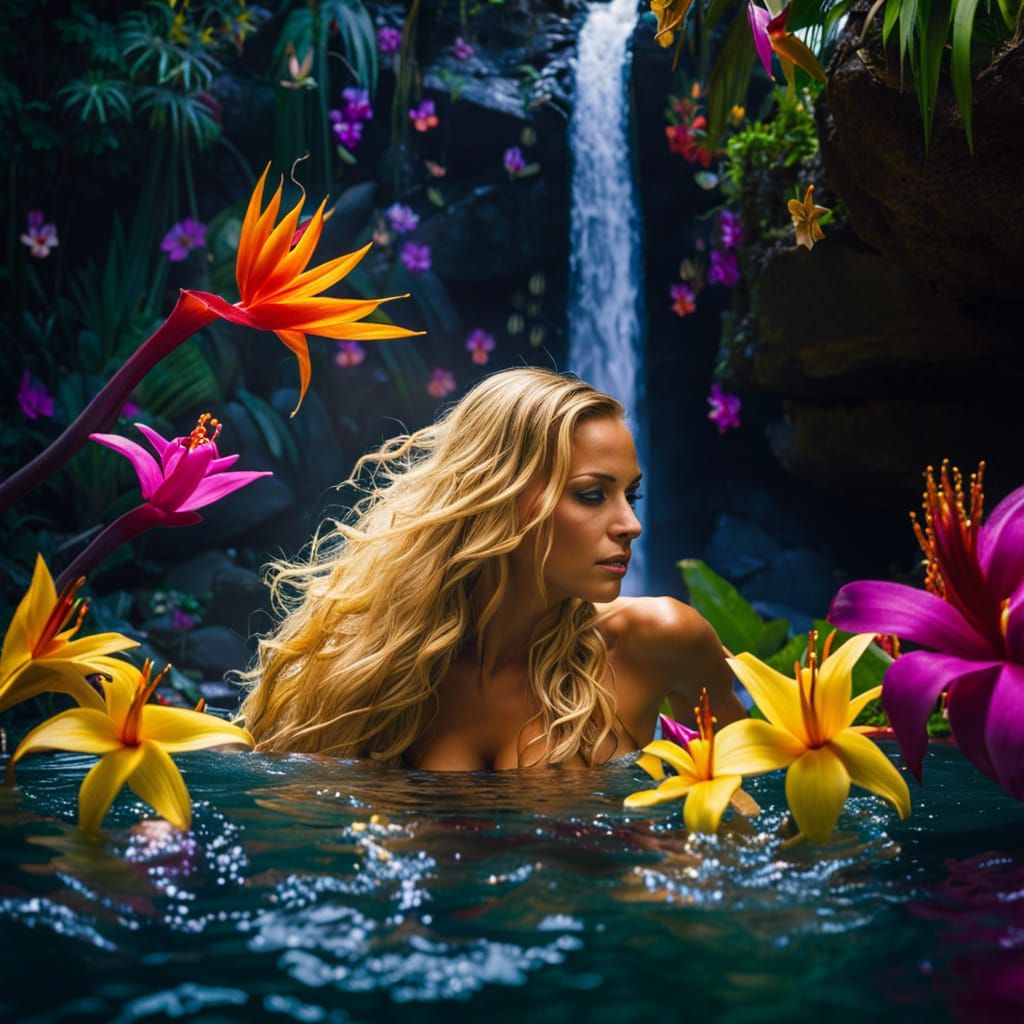 Hawaiian Woman Bathing Under Waterfall in Cyberpunk Style