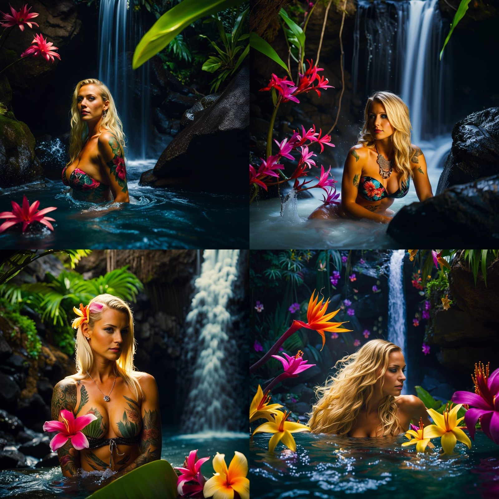 Hawaiian Woman with Tattoos Bathing Under Waterfall