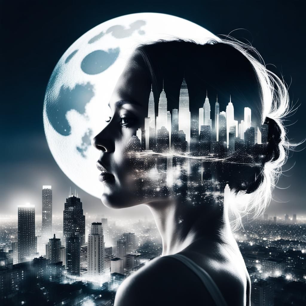 Double Exposure: Woman and Mesmerizing Cityscape