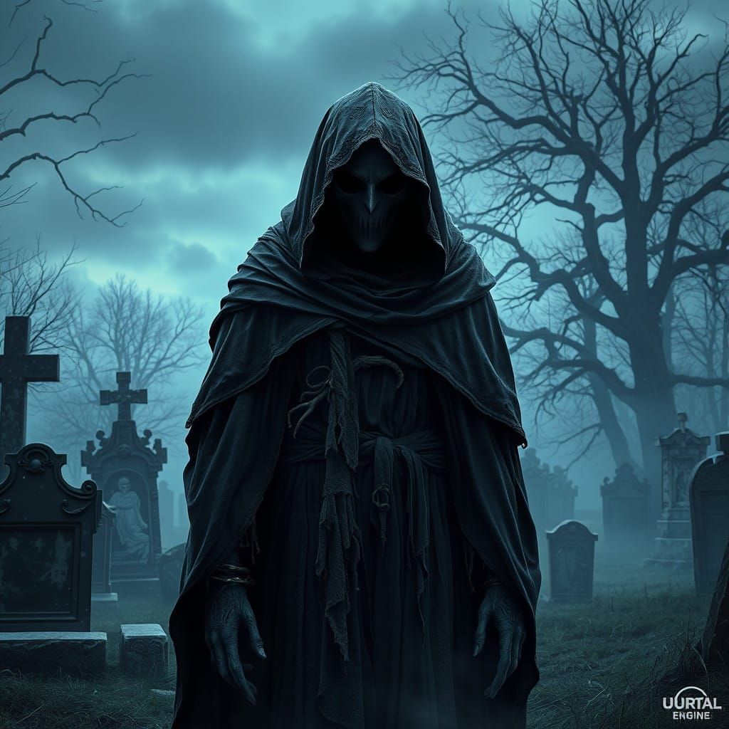 Mysterious Grim Reaper in a Haunting, Dark Fantasy Graveyard