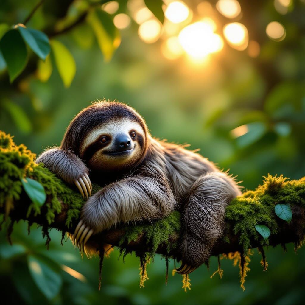 Photorealistic Sloth in Rainforest at Sunset