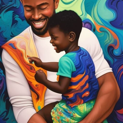 Father and Child in Marbling Gouache Style