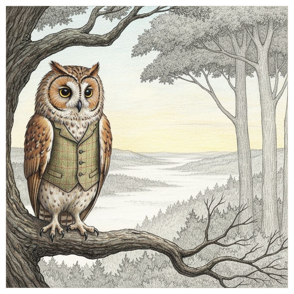 Wise Owl in Tweed Vest on Ancient Branch, Misty Valley Dawn