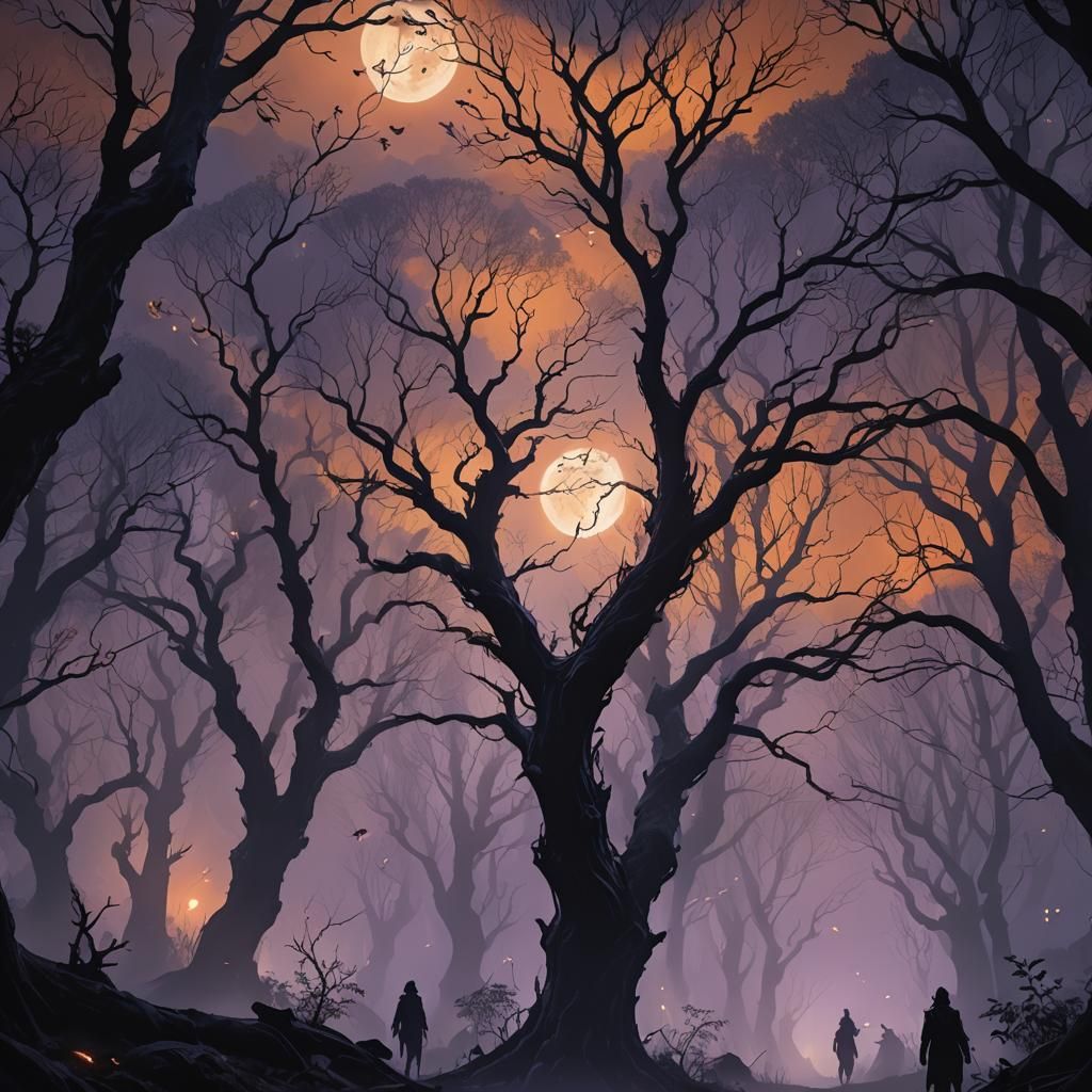 Ghostly Spirits Wander a Dark Forest in Fantasy Art