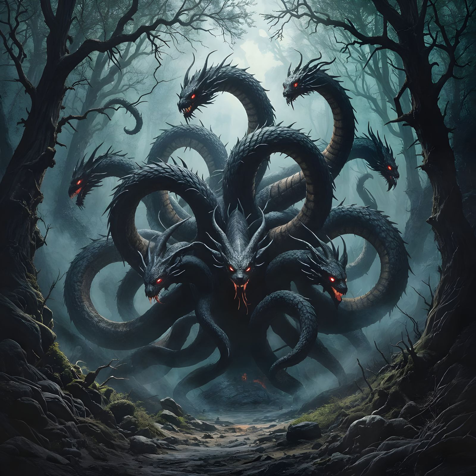 Monstrous Nine-Headed Hydra Hunts in Dark, Gothic Style