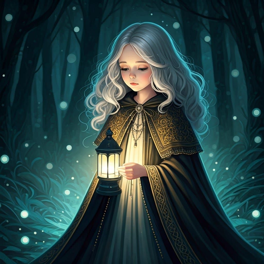 Mystical Girl with Lantern in Forest, High-Fantasy Scene