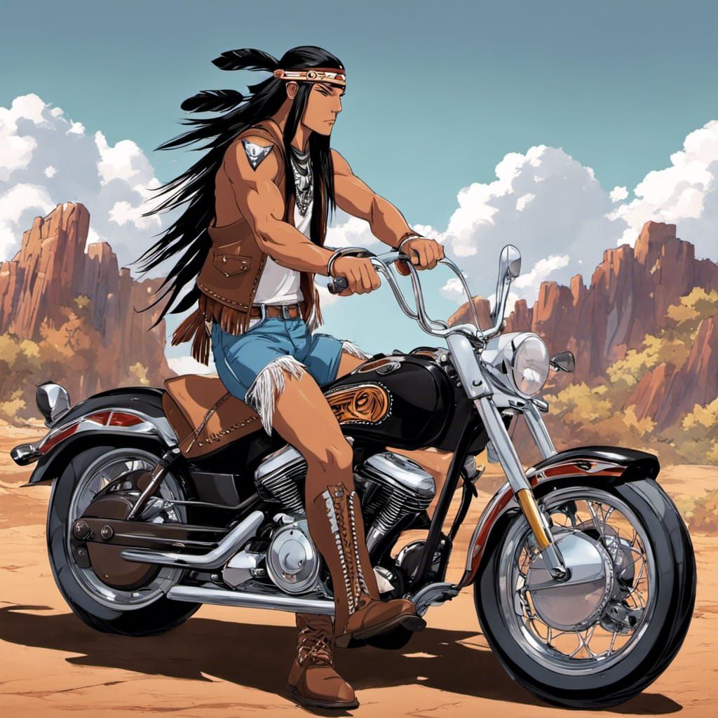 Anime Native American Man on Motorbike