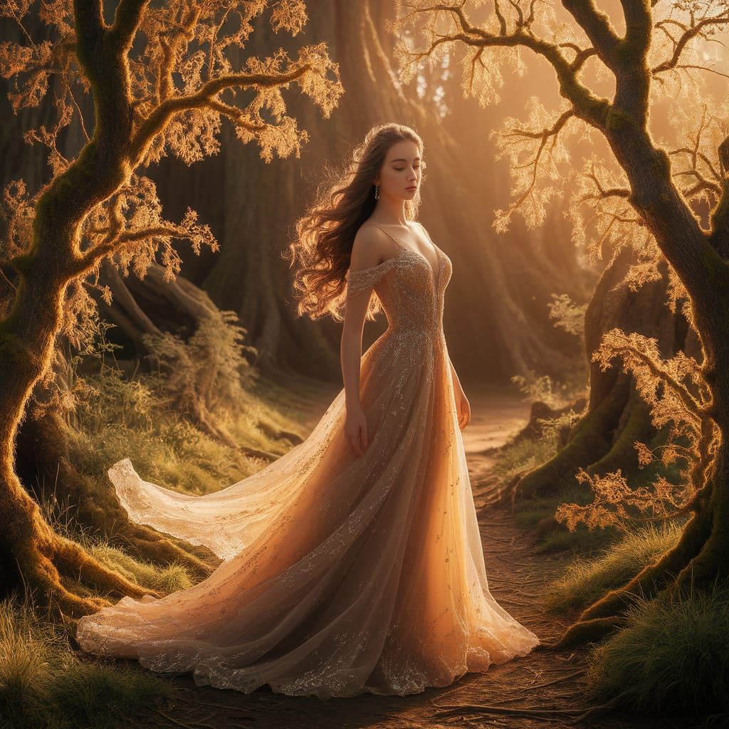 Serene Woman Bathed in Golden Forest Light