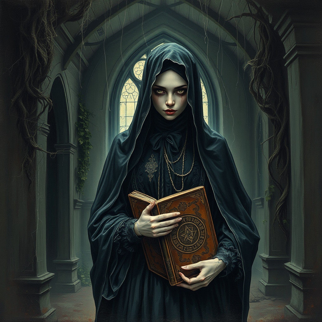 Eerie Woman in Abandoned Chapel, Dark Mystical Realism