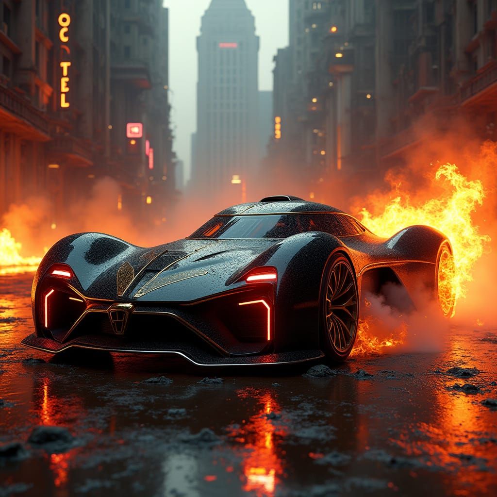 Retro-Futuristic Sports Car in a Dystopian Vortex