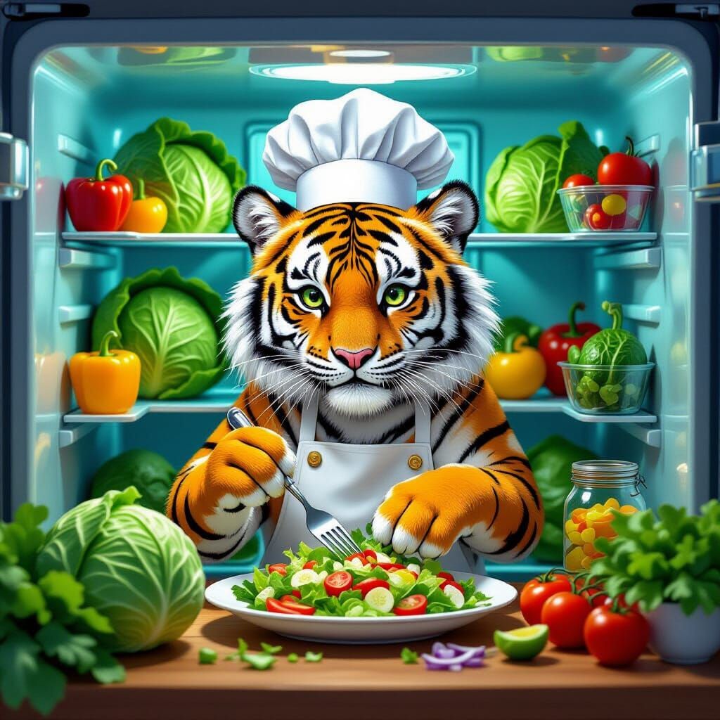 Tiger-Cabbage Chef Prepares Salad, Beatrix Potter Style