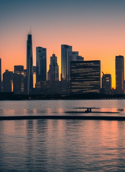 Sunset Cityscape Reflection Over Water