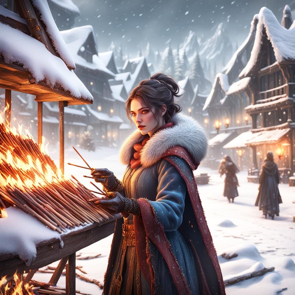 Girl Selling Matchsticks in Snowy Landscape