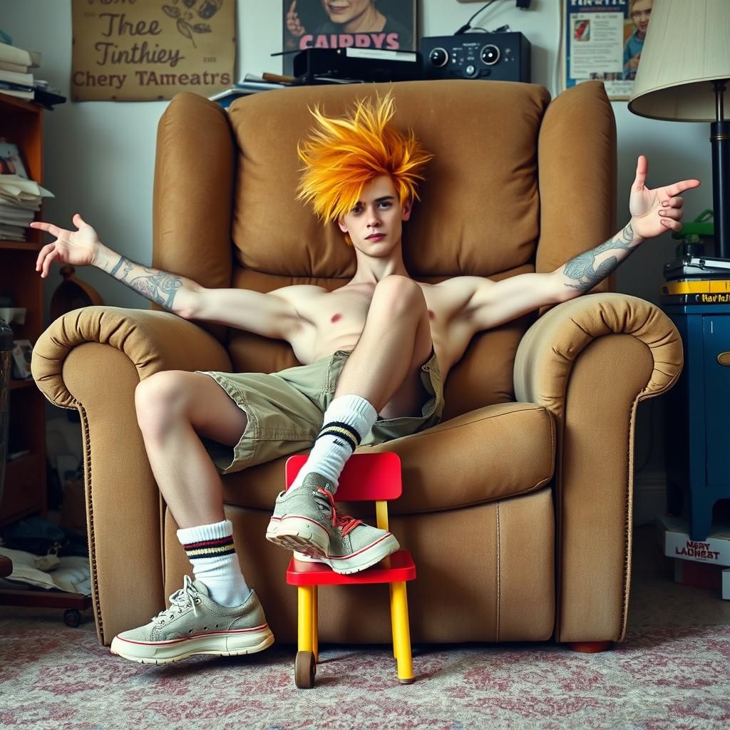 Slender Man Lounging in Recliner, Hockney-Basquiat Style