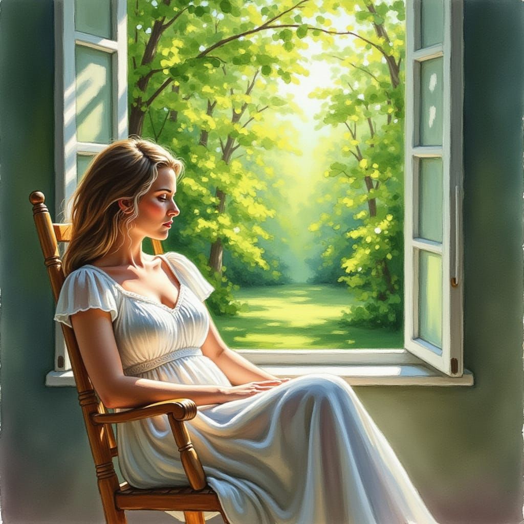 Serene Woman in Forest Room Watercolor Painting