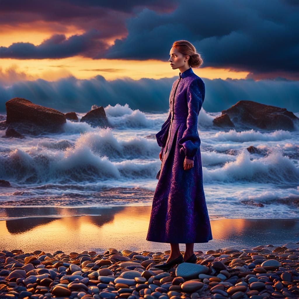 Elegantly Dressed Lady on Pebble Beach in Expressionist Styl...