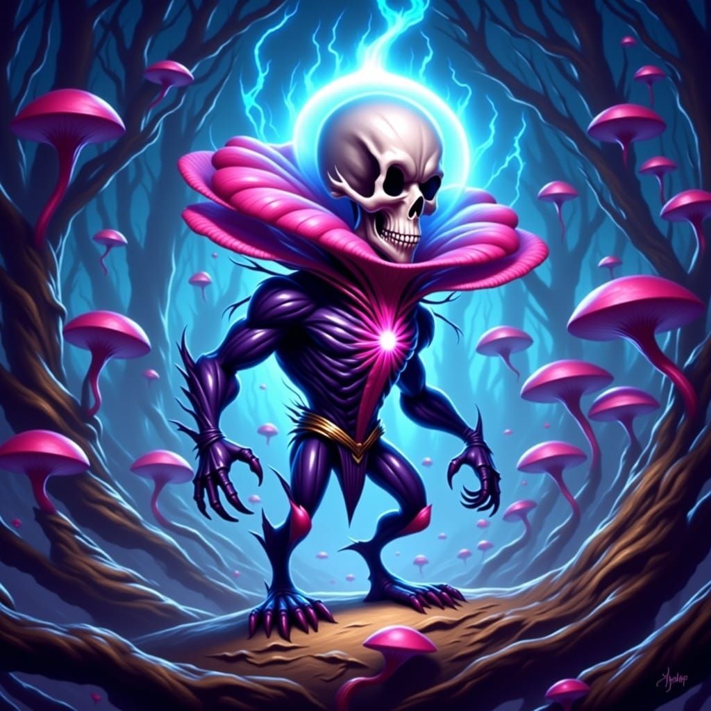 Mystical Mushroom Creature with Skull in Cartoon Style