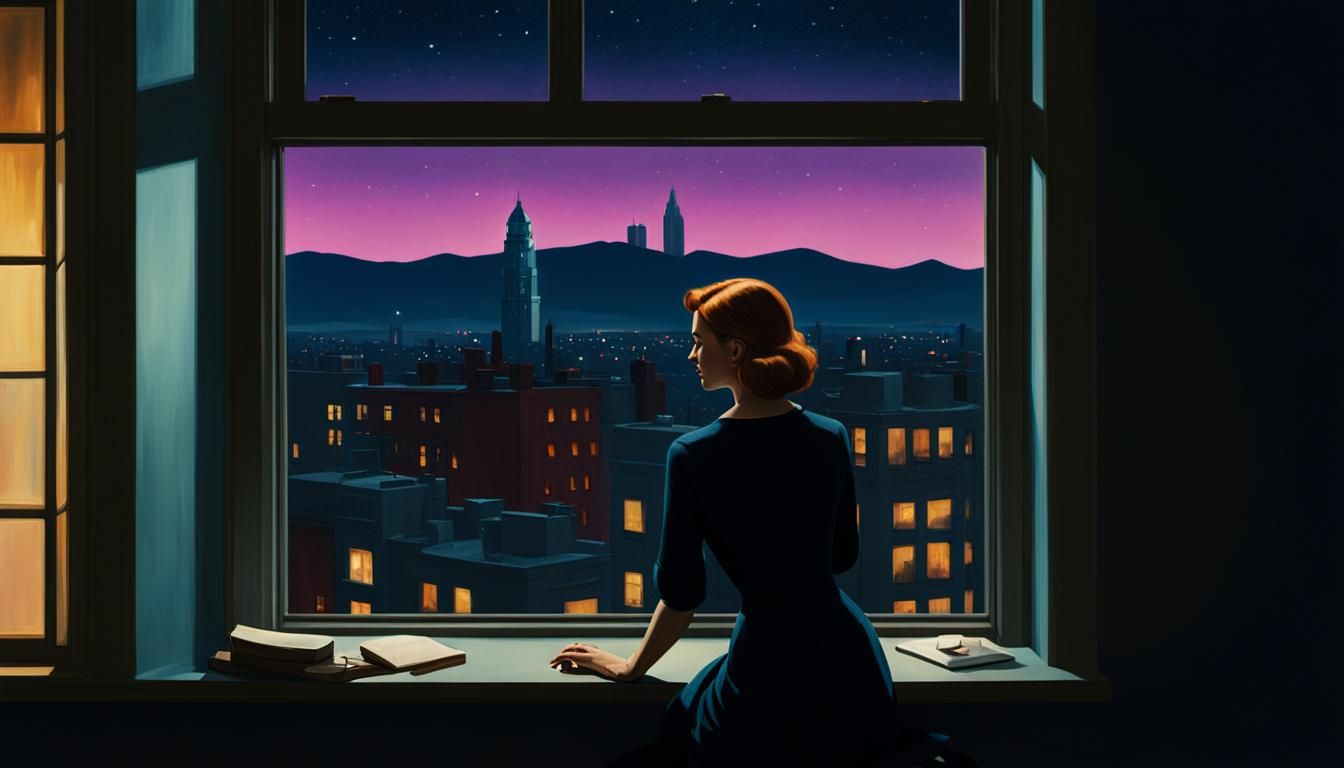 Woman Gazing at City Lights in Hopper Style