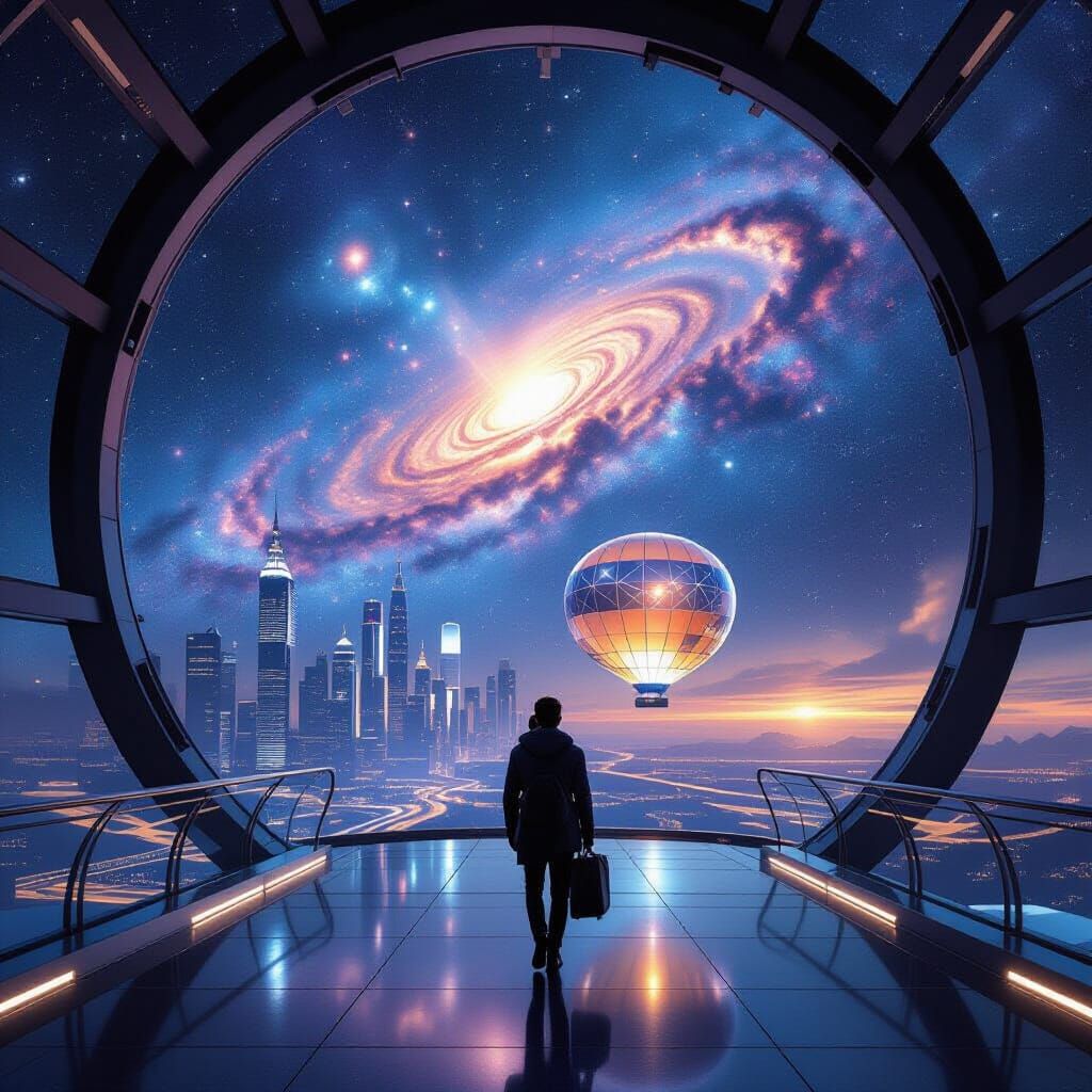 Futuristic Spaceport Arrival by Hot Air Balloon