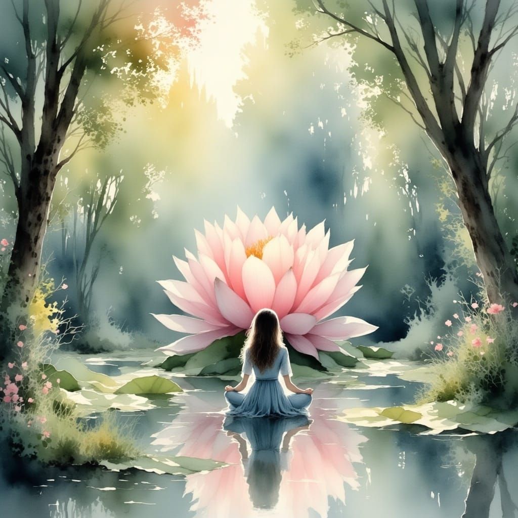 Ethereal Woman in Lotus Blossom Oasis