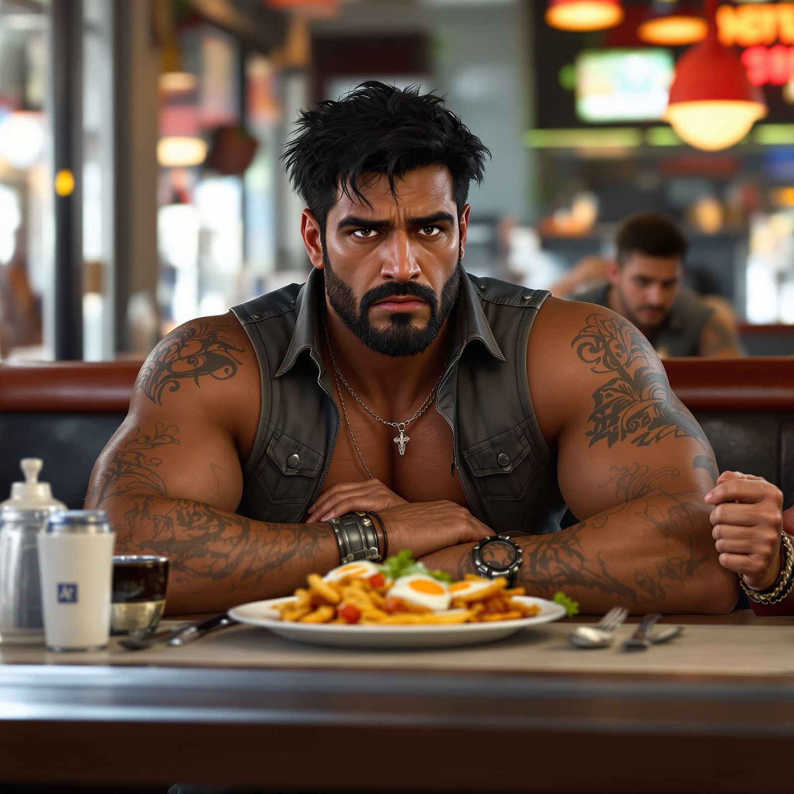 Rugged Man and Apprentice at a Diner