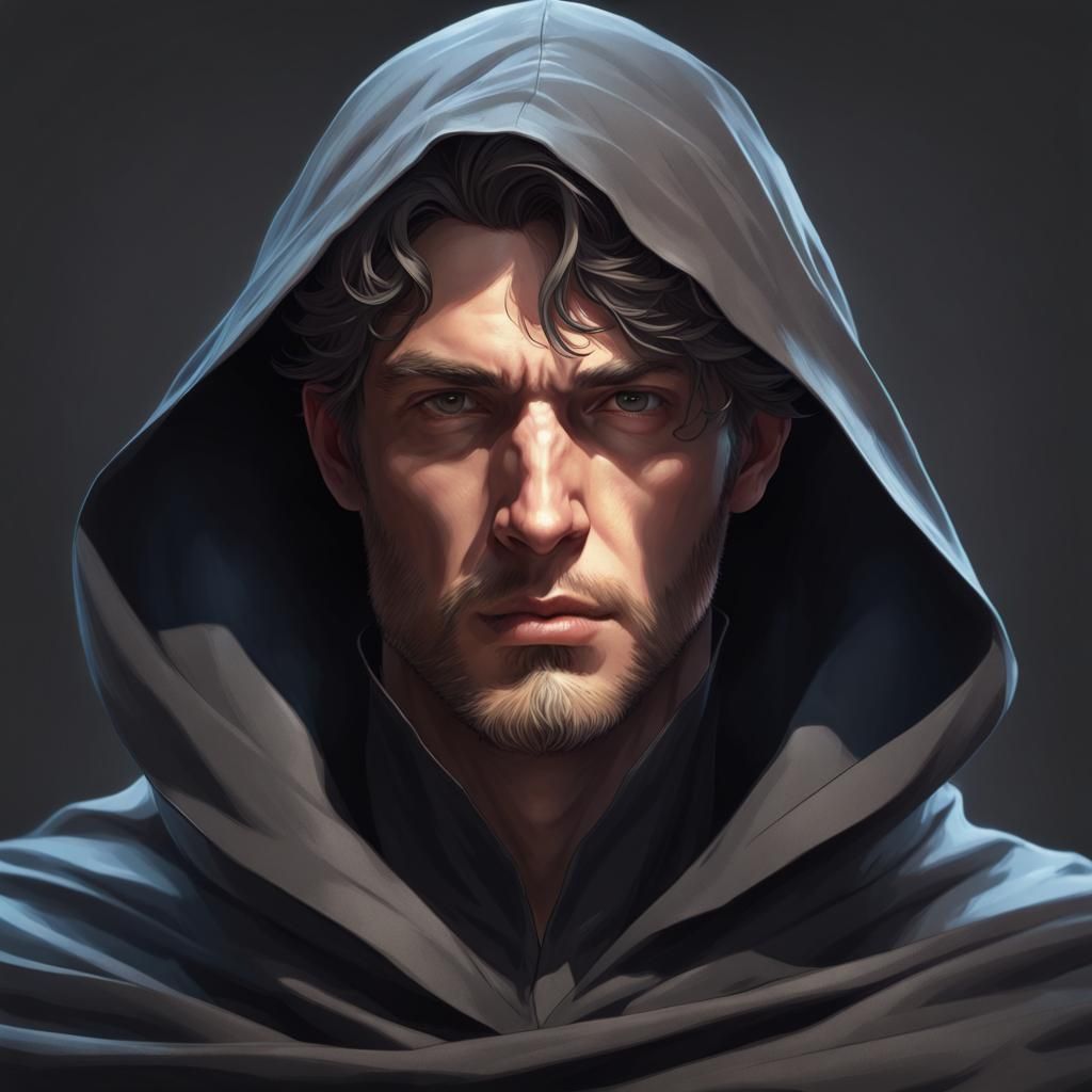 Mysterious Cloaked Man in Shadow, Detailed Portrait