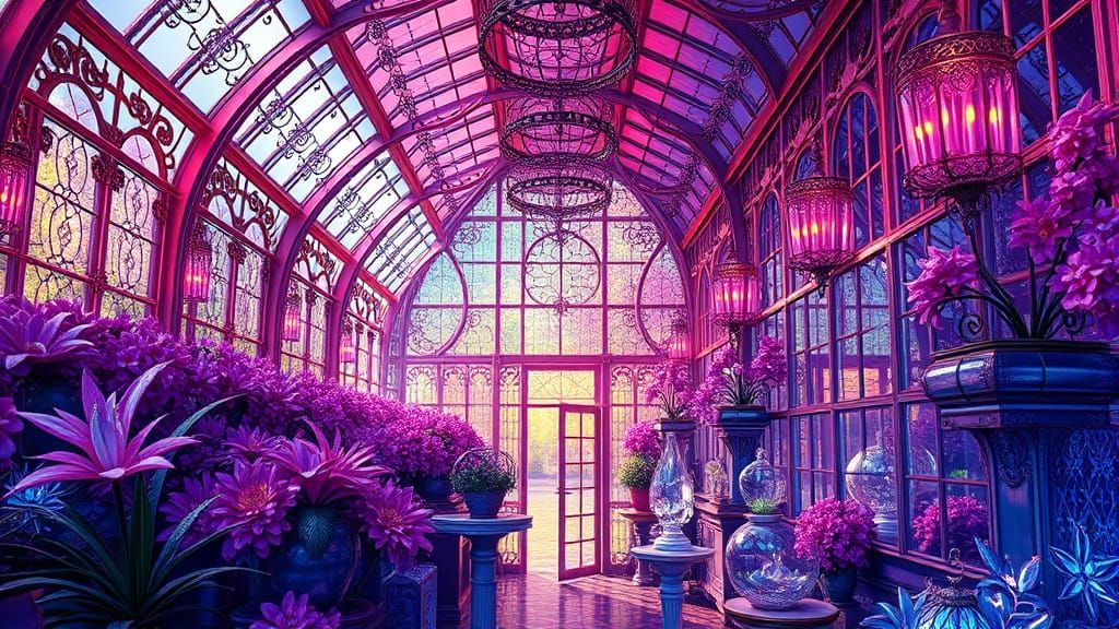 Ornate Dichroic Glass Greenhouse with Crystal Flowers