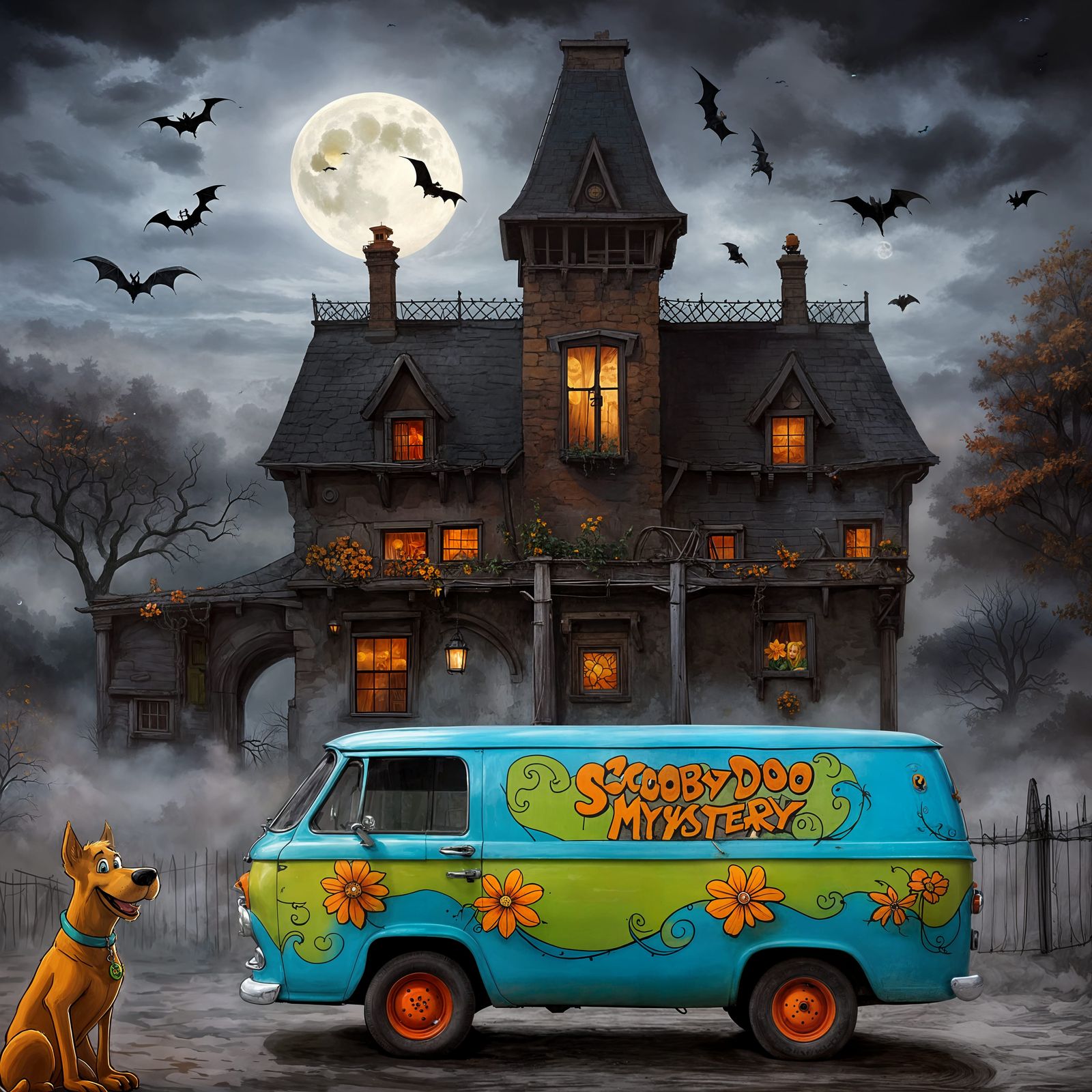 The Scooby-Doo "Mystery Machine" is a blue van painted with orange flowers and green details in 60's style, with Scooby ...