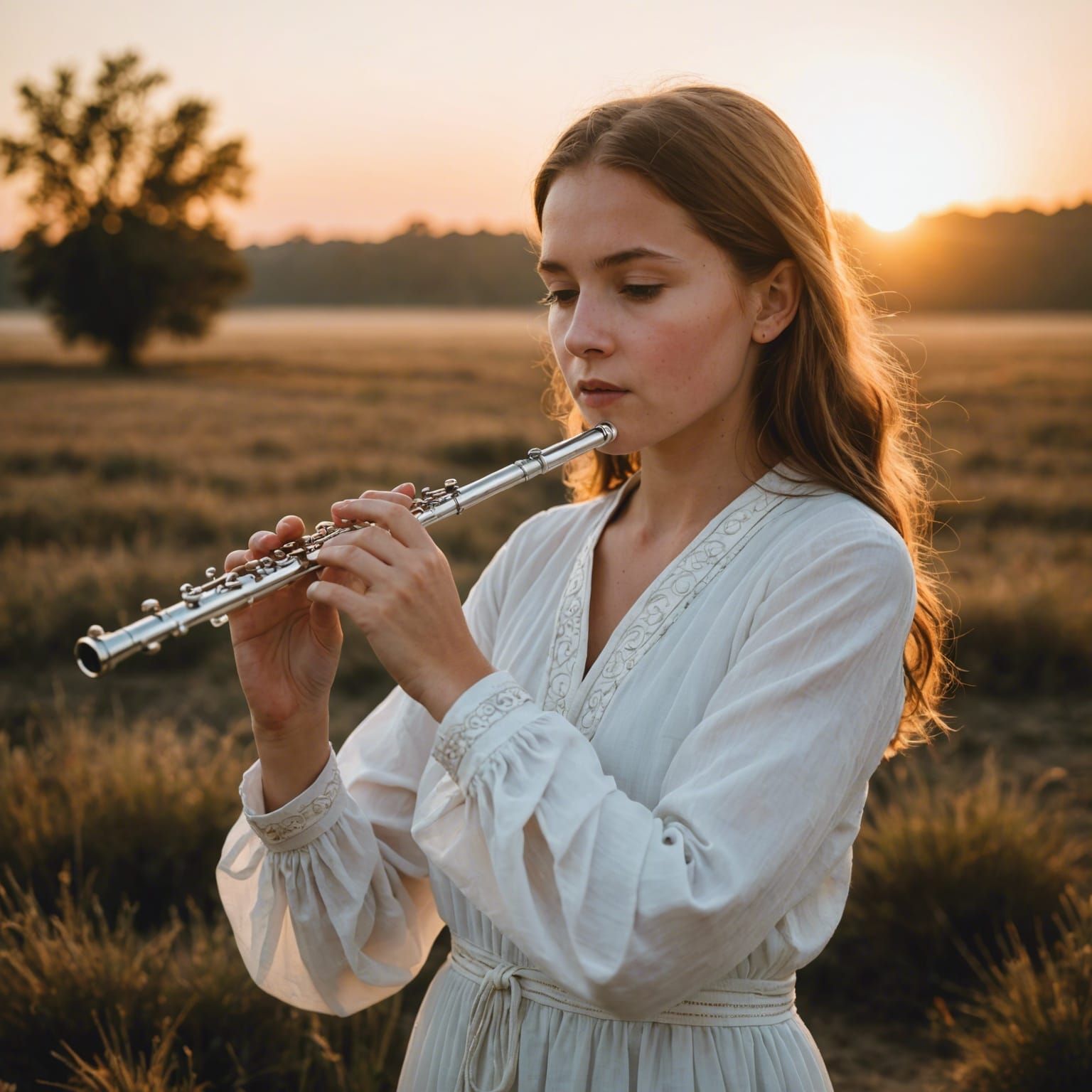 Girl Playing Flute at Sunrise