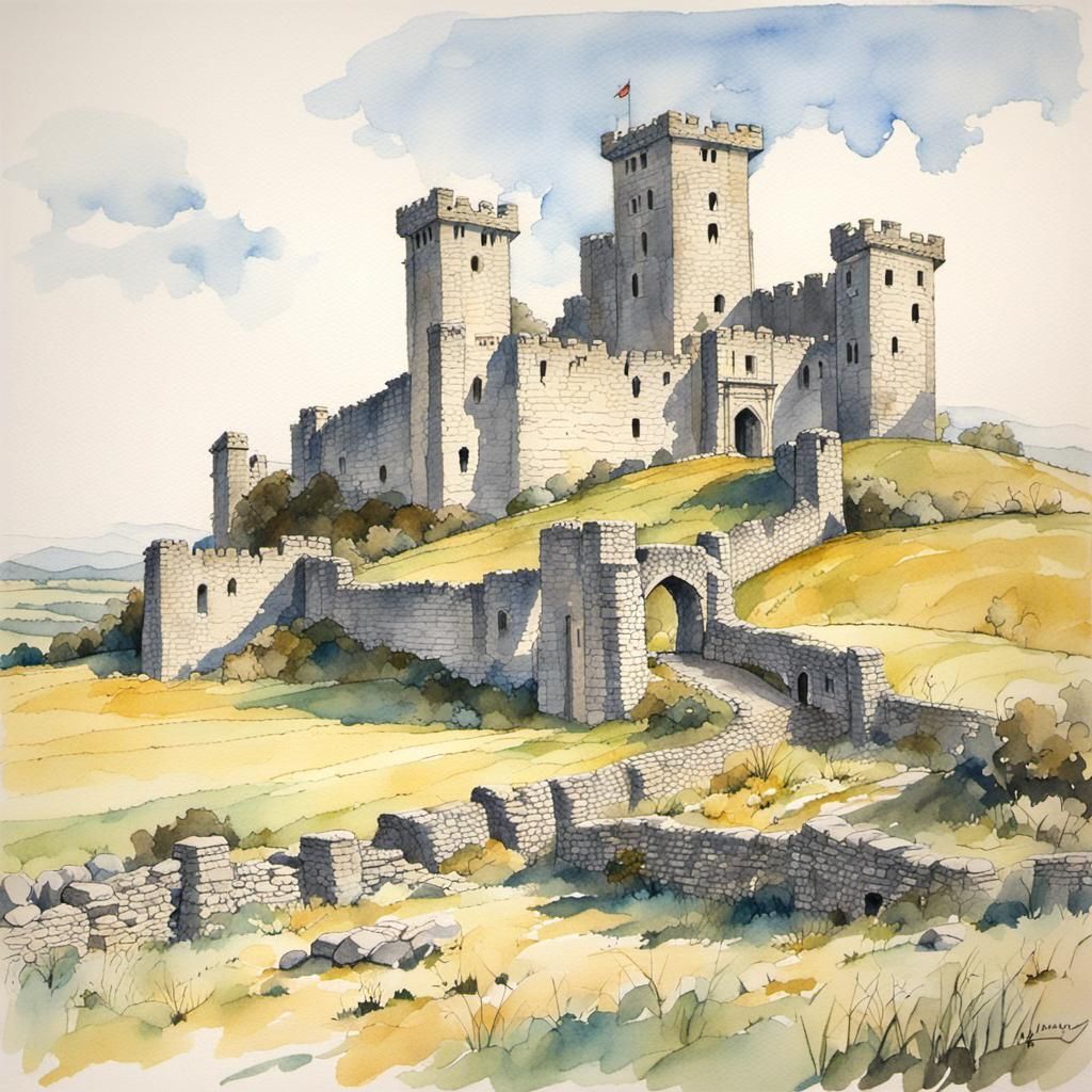 Castle Ruins in Rural Landscape: Watercolor Painting