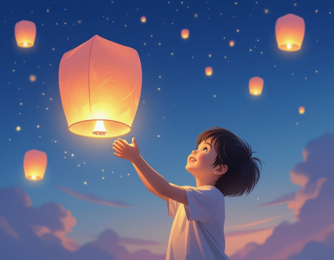 Child Releases Glowing Lantern into Dreamlike Sky