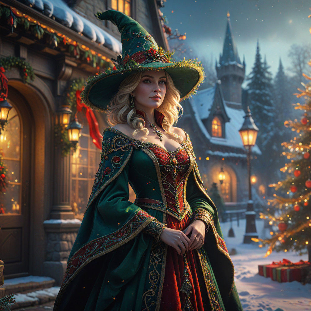 Elegant Christmas Witch Queen in Festive Wonderland