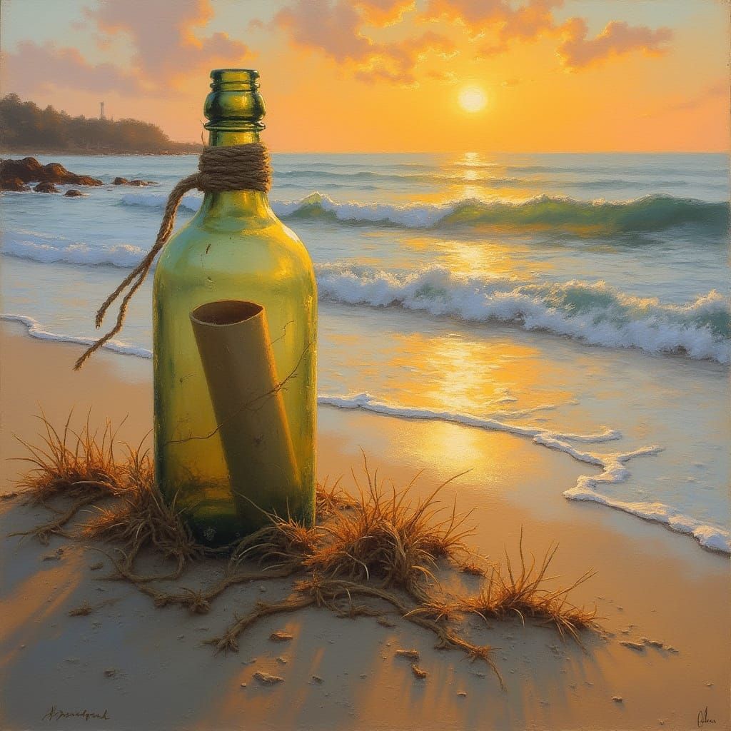 Impressionist Glass Bottle on Serene Beach at Sunset
