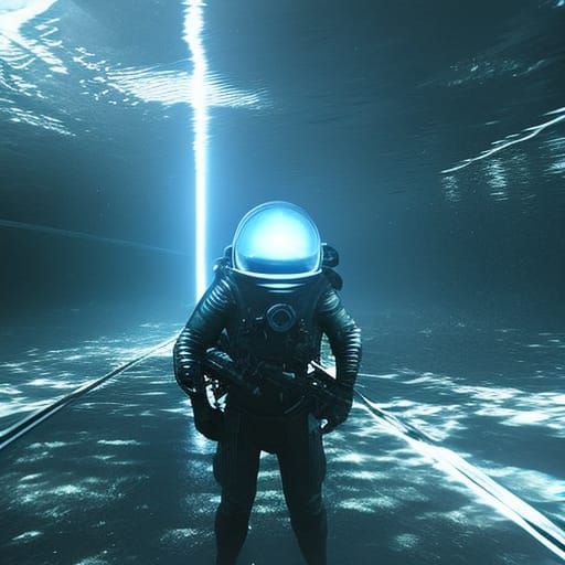 infrared concept art by david cronenberg diver astronaut in underwater futuristic dark and empty spaceship. complex and ...