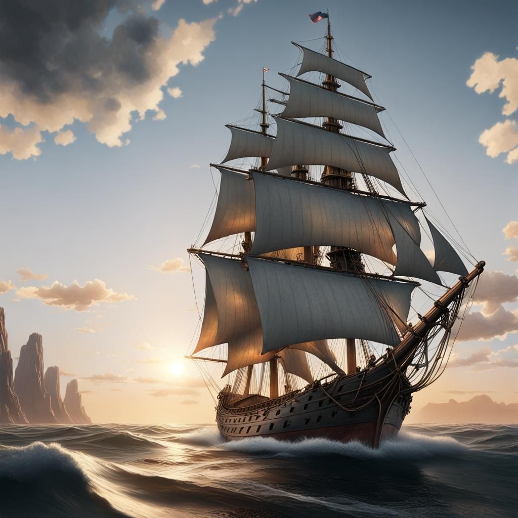 Hyperrealistic Sailing Ship at Sunrise in Ghibli Style