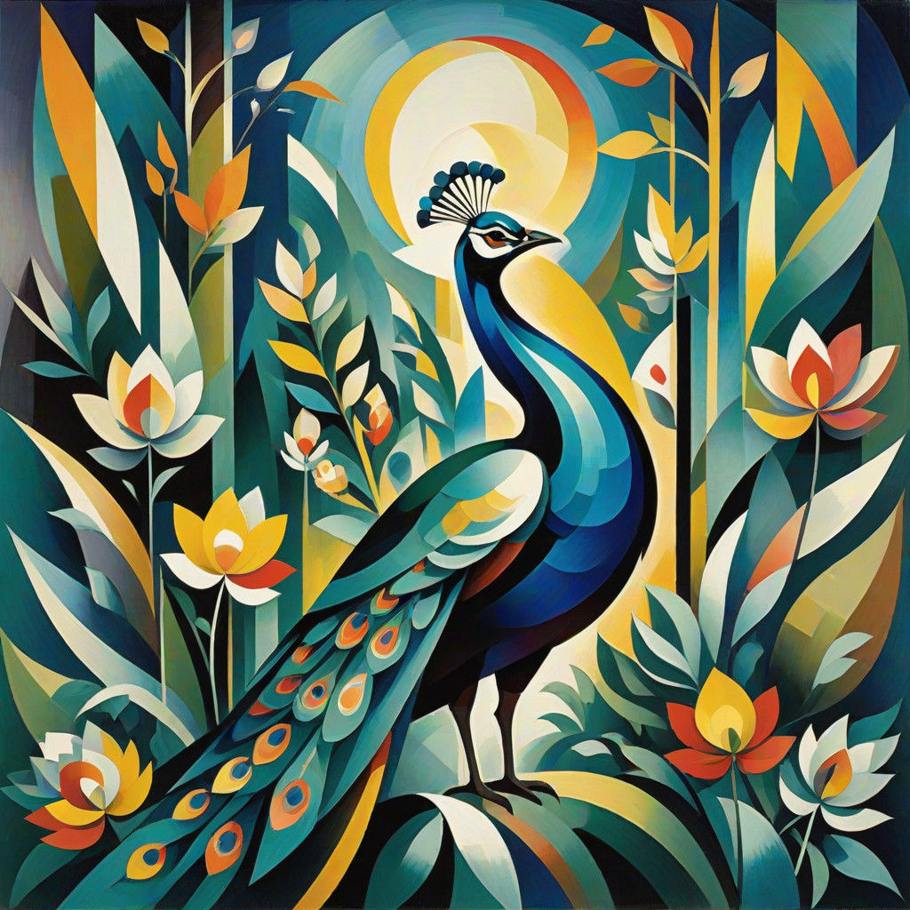 Surreal Cubist Peacock Illuminates Lunar Forest