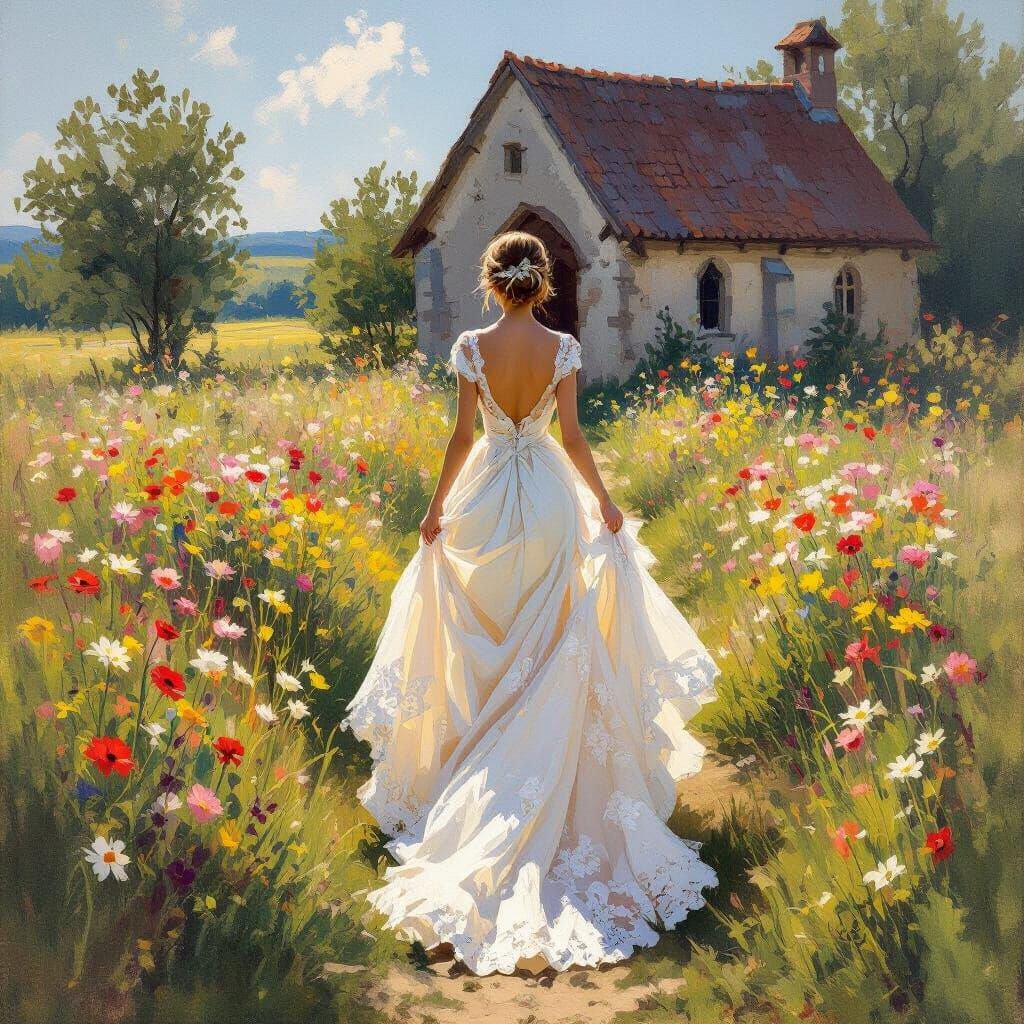 Bride Walks to Chapel in Impressionistic Style
